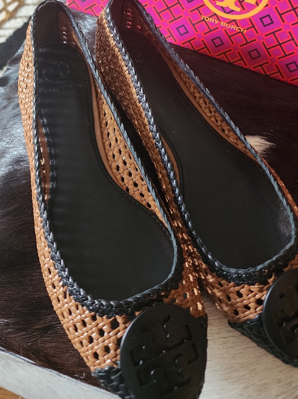 Tory Burch Tan and Black Woven Leather Ballet Flats